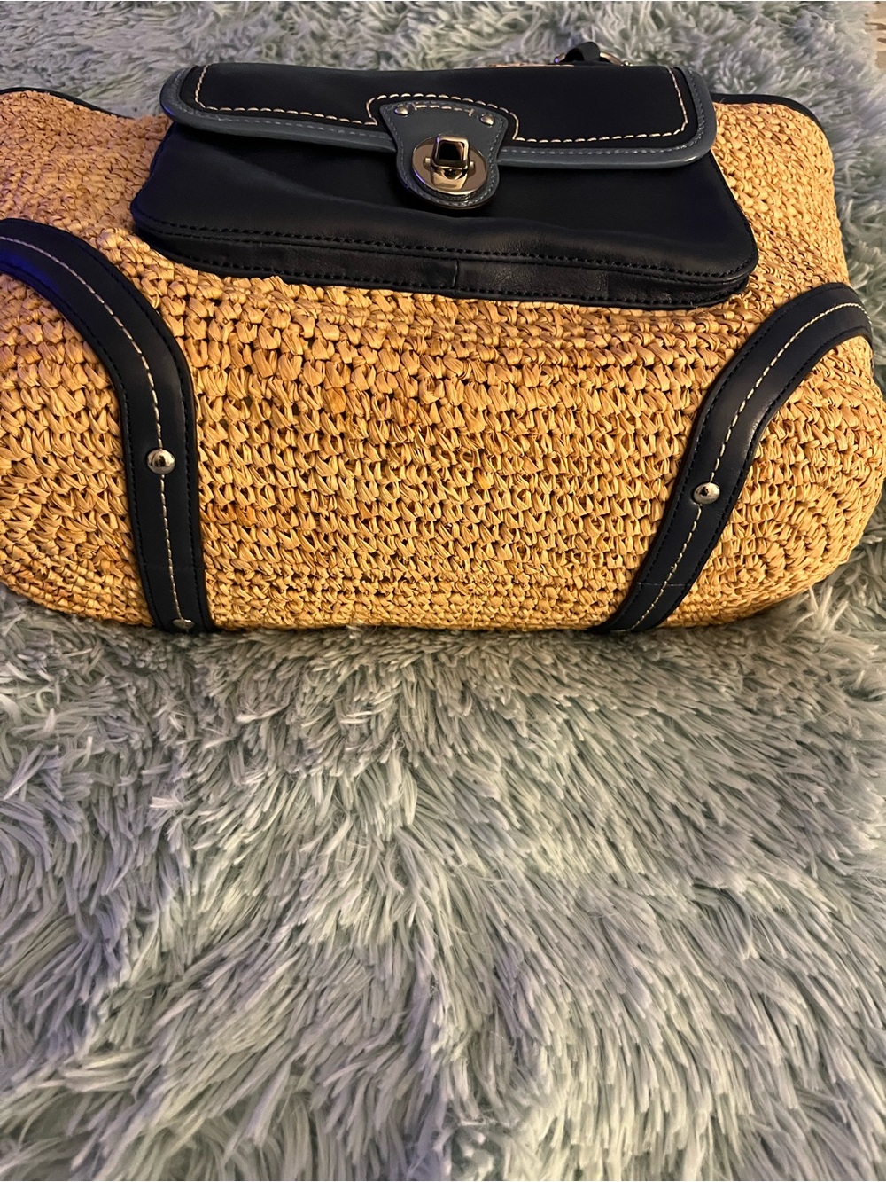 Coach Straw & Leather Legacy Resort Tote Bag w Contrasting Blues EUC - Picture 6 of 13
